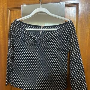 Free People Black and White Patterned 3/4 Sleeve Boat Neck top